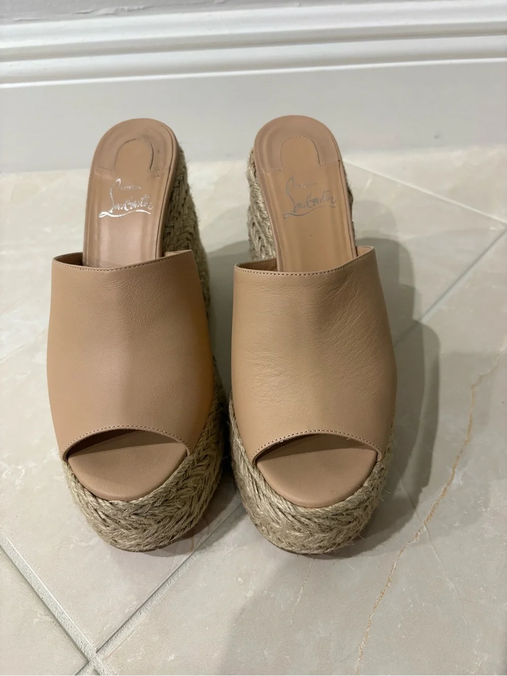 Christian Louboutin Ariella Zeppa 130 Beige Leather Platform Espadrille Slides